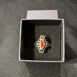 Vintage 925 Sterling Silver Red Marquise Stone Filigree Ring, Sz 7.5